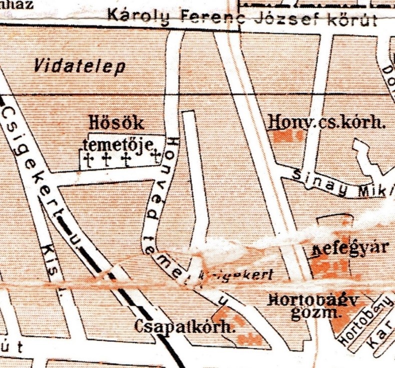 A csapatkórházak és a Hősök Temetője az 1927-es várostérképen